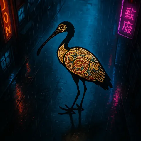 Book of Kells-illuminated Spoonbill Is an Off-center Dramatic Silhouette