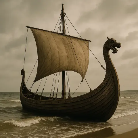 Historic Viking Longship Characterized by a Streamlined Hull