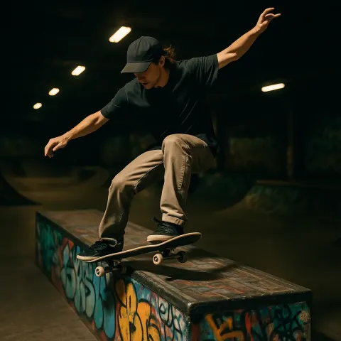 Skateboarder Performing a Trick on a Graffitied Ledge