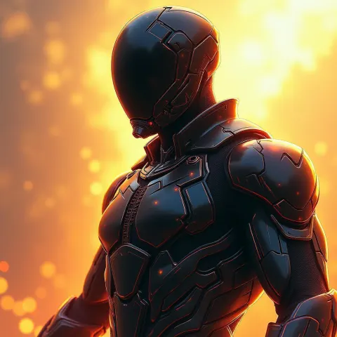 Glossy Black Armored Warrior in Electric Manga Motion