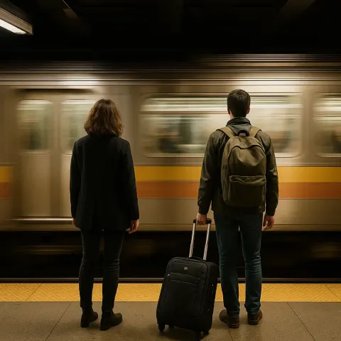 Two People Stand on a Subway Platform While a Train