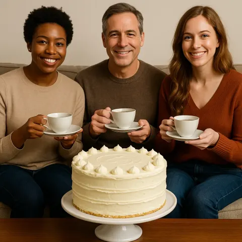 Three Individuals Sit on a Couch Holding Teacups