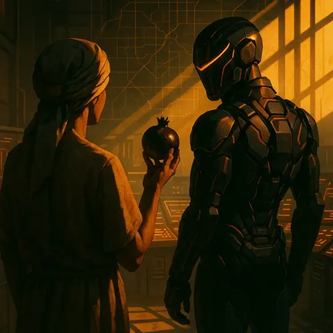 Figure in a Headwrap Extends a Dark Pomegranate
