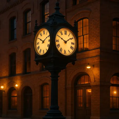 Vintage Street Clock Stands in Front of a Historic Brick