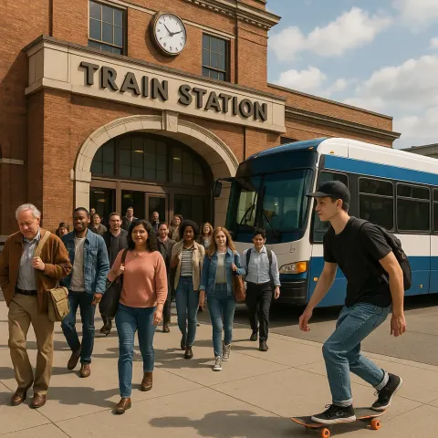 Group of People Leaves a Train Station