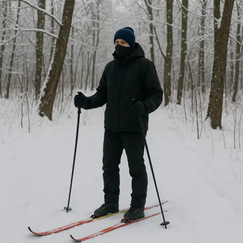 Person Standing on Snow-covered Ground with Skis and Poles
