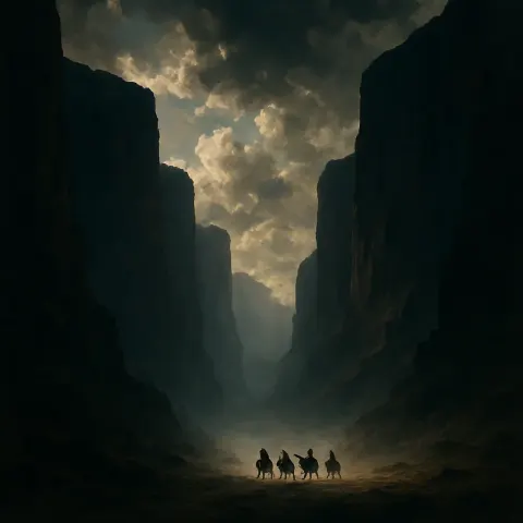 Small Group of Distant Figures on Horseback Slowly Traverses