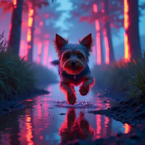 Neon Yorkshire Terrier Racing a Glowing River