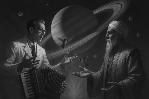 Sleek Scientist Gestures Expressively over an Accordion Towards a Slender