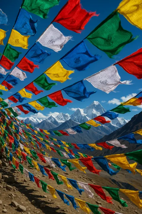 Myriad Colorful Prayer Flags Flutter Intensely in the Wind