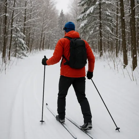 Person Dressed in Winter Sports Gear Is Skiing