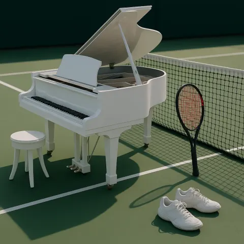 Glossy White Grand Piano Sits Majestically Next to a Tennis
