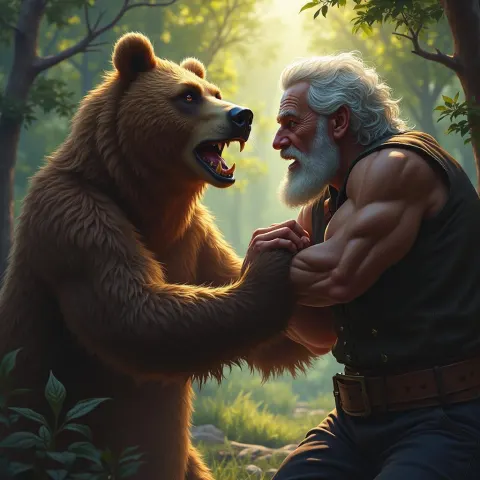 Old Man Arm Wrestles a Bear in the Woods