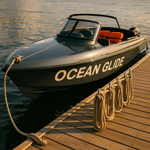 Stylish Gray Boat with "OCEAN GLIDE" Prominently Displayed in Bold