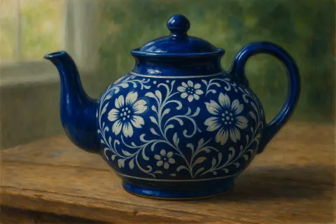 Painting Featuring a Ceramic Teapot Made of Glossy Cobalt