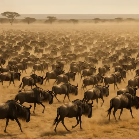 Sprawling Herd of Innumerable Wildebeest Kicks Up Dust