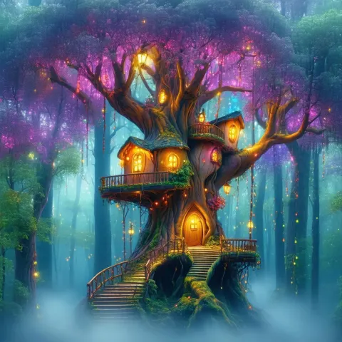 Whimsical Anime Treehouse in a Misty Enchanted Forest
