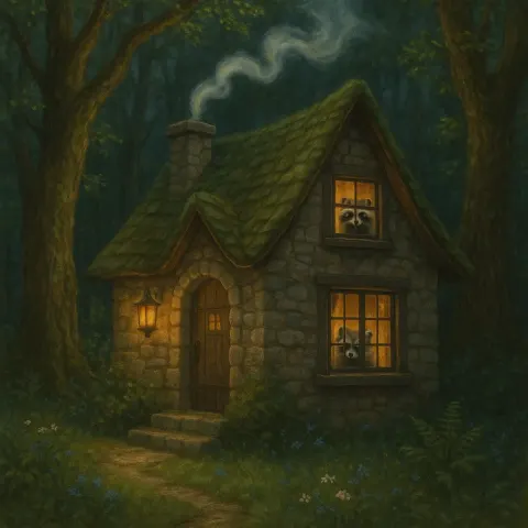 Magical Forest Cabin with Smoke Gently Rising from the Chimney