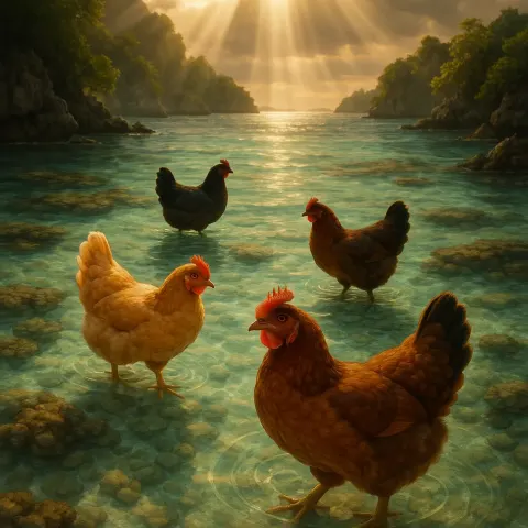 Four Varied Hens Explore a Serene Coral Lagoon
