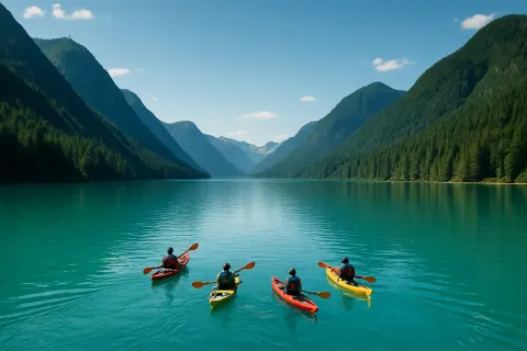 Small Group of Kayakers Paddles Across a Vast