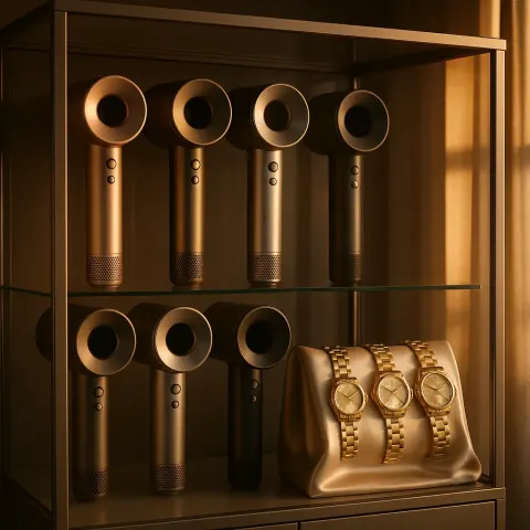 Carefully Curated Glass Cabinet Showcases an Assortment of Seven Contemporary