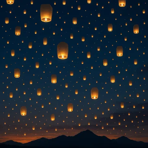 Vast Field of Countless Glowing Lanterns Slowly Ascends