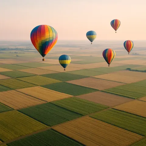 Small Cluster of Brightly Colored Hot Air Balloons Drifts Serenely