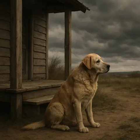 Elderly Dog Rests Silently Beside a Worn Wooden Porch