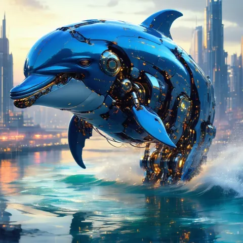 Mechanical Anime Dolphin Gleaming Over Future City