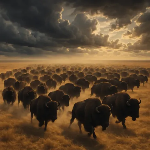 Vast Herd of Shadowy Bison Thunders Across an Expansive