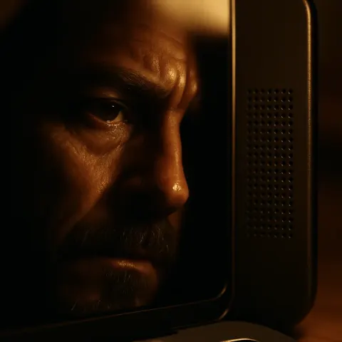 Weary Eye and Goatee Edge Reflected on a Glossy Computer