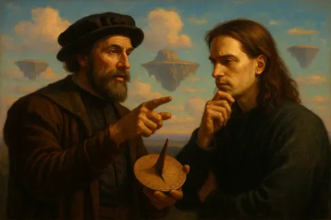 Renaissance Explorer Gestures with a Copper Sundial Towards a Contemplative
