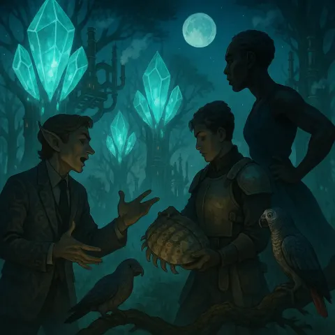 Under Twin Moons in a Forest of Giant Glowing Crystal