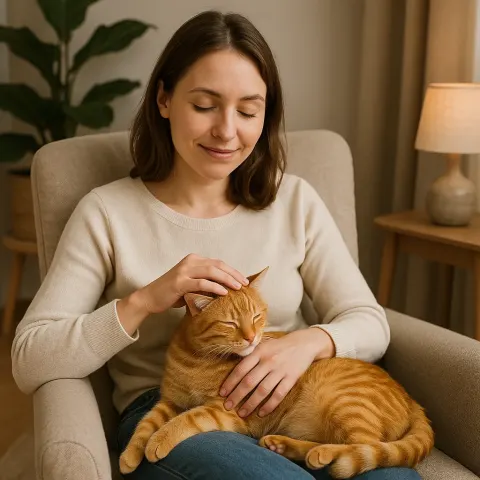 Ginger Tabby Cat Lies Calmly as a Woman Gently Pets