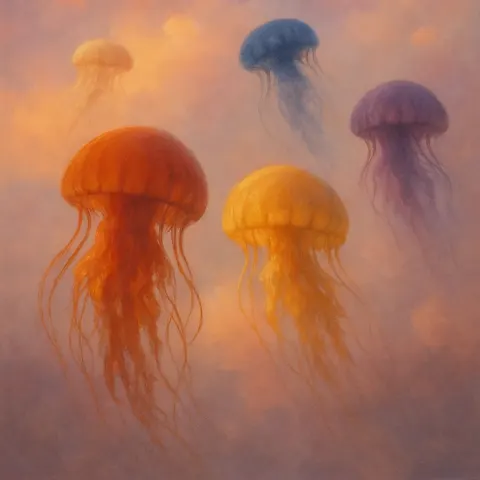 Five Diverse Jellyfish Recede into Soft Pastel Gradient Clouds