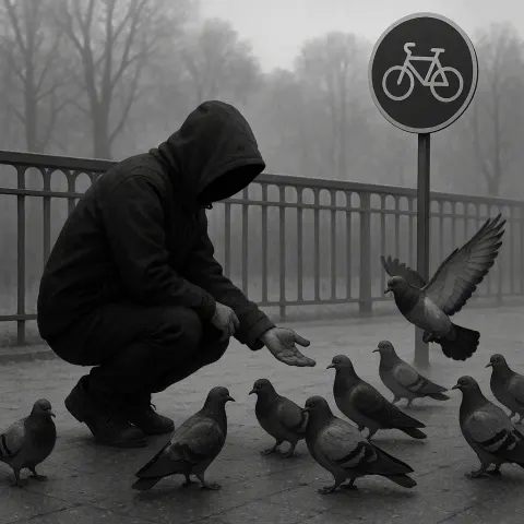 Hooded Person Interacts with Pigeons near a Park Railing