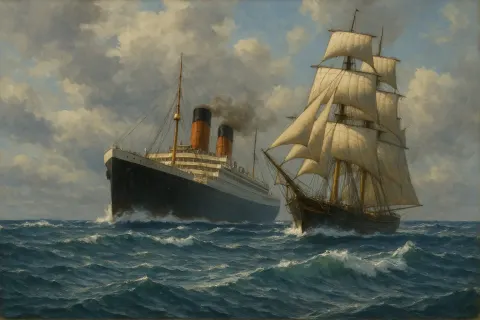 Majestic Ocean Liner and a Classic Sailing Ship Navigate