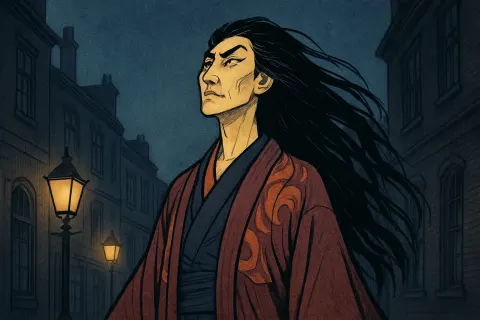 Ageless Ukiyo-e Figure with Jet-black Hair Stands Confidently