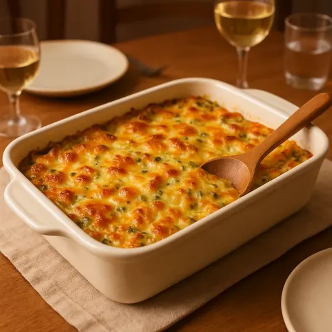 Wooden Spatula and Ceramic Baking Dish Cook the Glistening Casserole