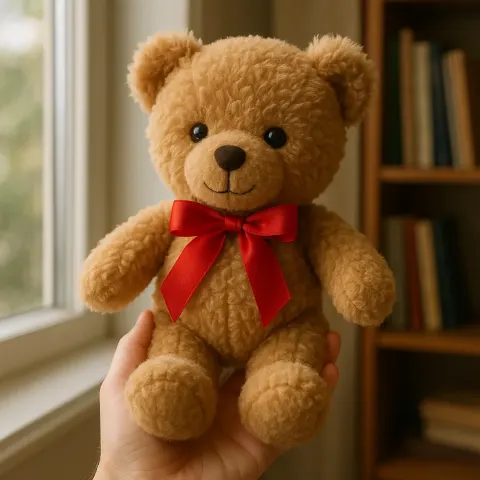 Cuddly Teddy Bear with a Red Ribbon Is Being Held