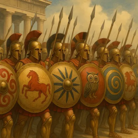 Phalanx Formation of Ancient Greek Warriors with Decorative Round Shields