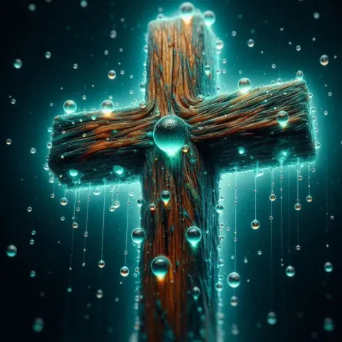 Bioluminescent Wooden Cross with Water Drops