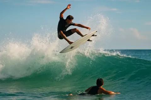 Surfer Performs an Aerial Maneuver Above a Crashing Wave