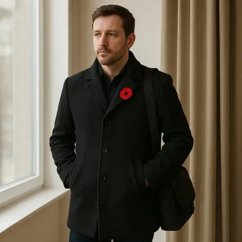 Man Dressed in a Black Coat with a Red Poppy