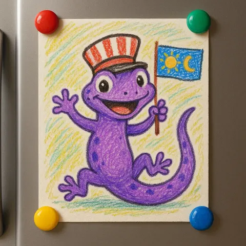 Lively Crayon Drawing by a Child Portrays a Purple Gecko