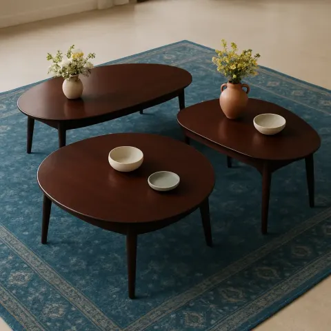 Three Distinct Dark Mahogany Coffee Tables—each with a Unique Shape—rest
