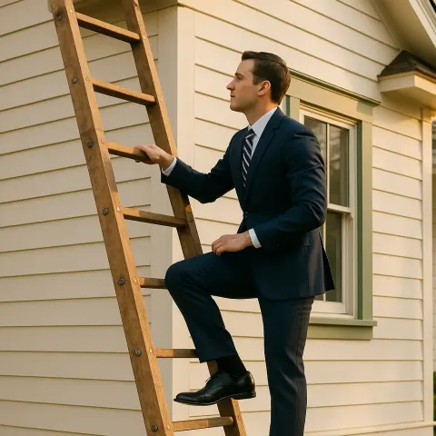 Dressed in a Crisp Navy Suit Paired with a Striped