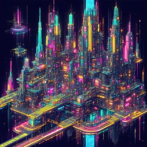 Axonometric Neonpunk City of Cybernetic Spires