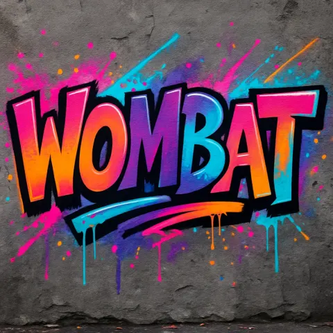 Vibrant Graffiti Mural Showcasing the Word "WOMBAT," Bursting with Neon-inspired