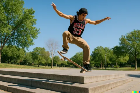 Skateboarder Wearing a Sleeveless Jersey Performs a Jump